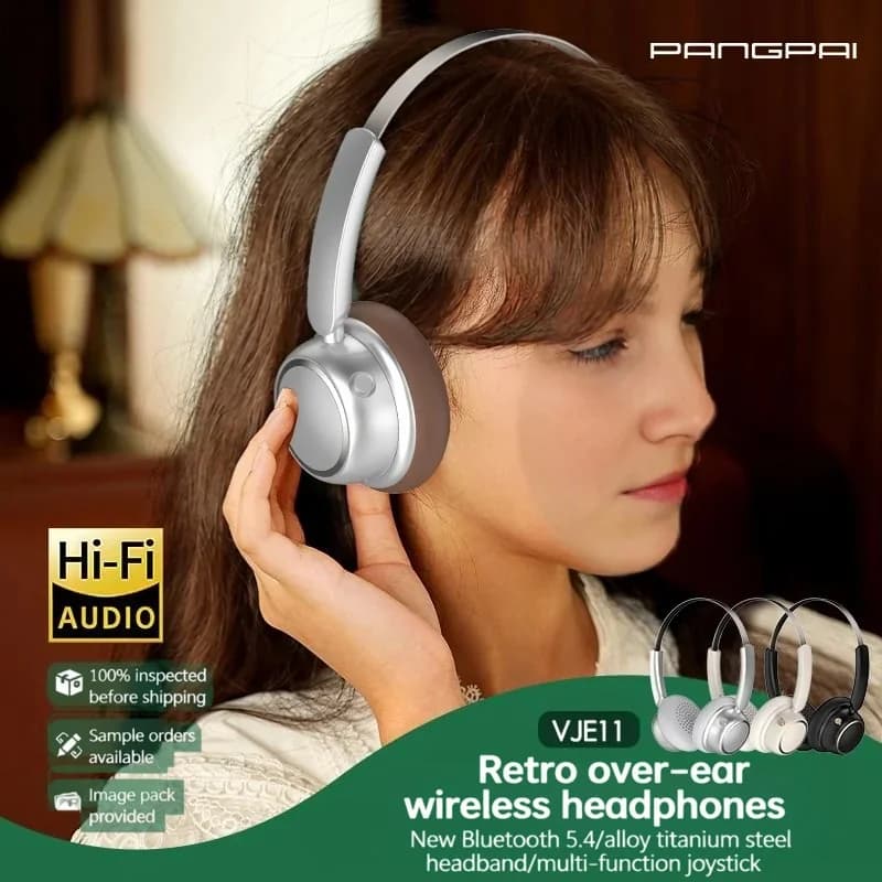 Retro draadloze Bluetooth-koptelefoon met metalen hoofdband en lange batterijduur