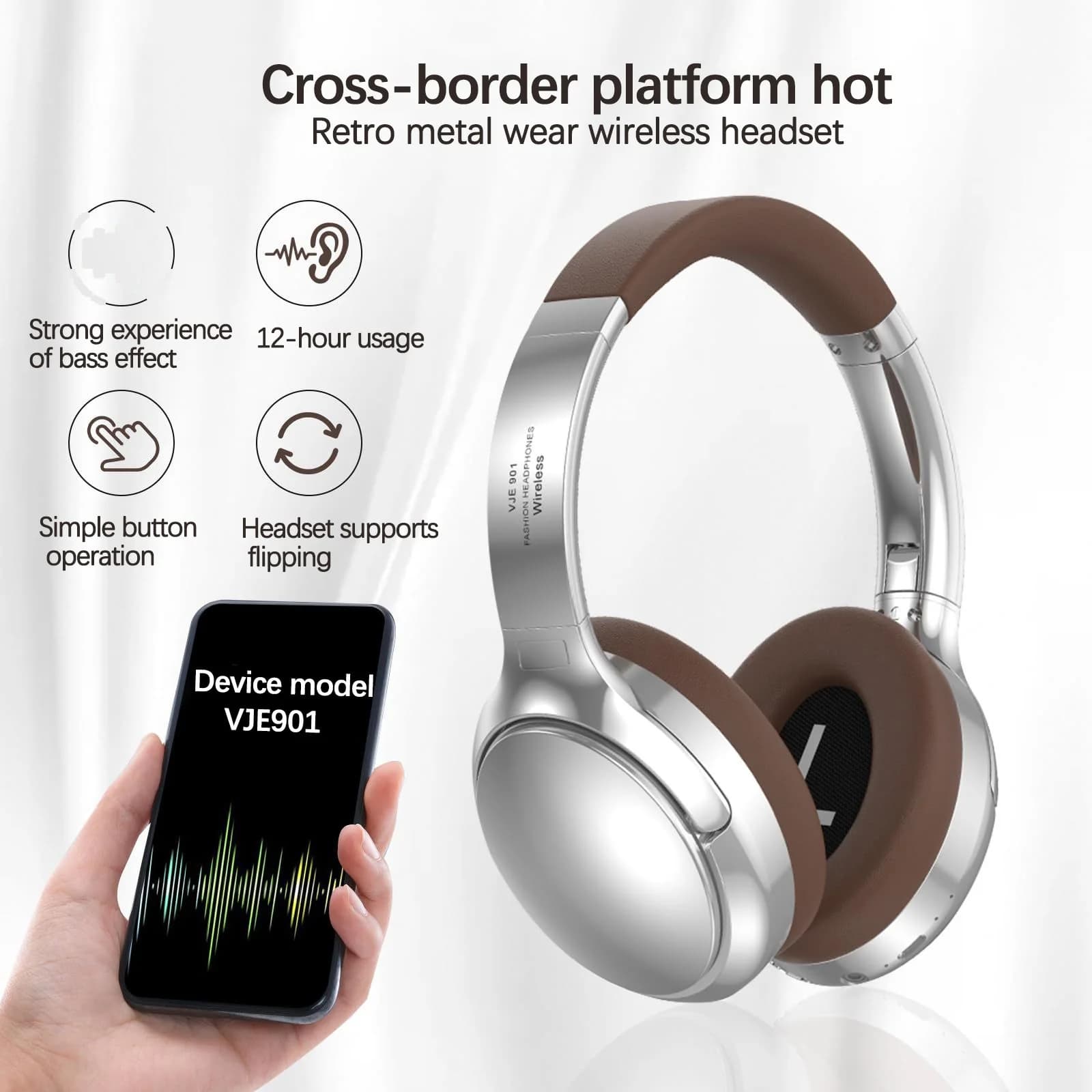 Retro draadloze Bluetooth koptelefoon over-ear stereo met microfoon