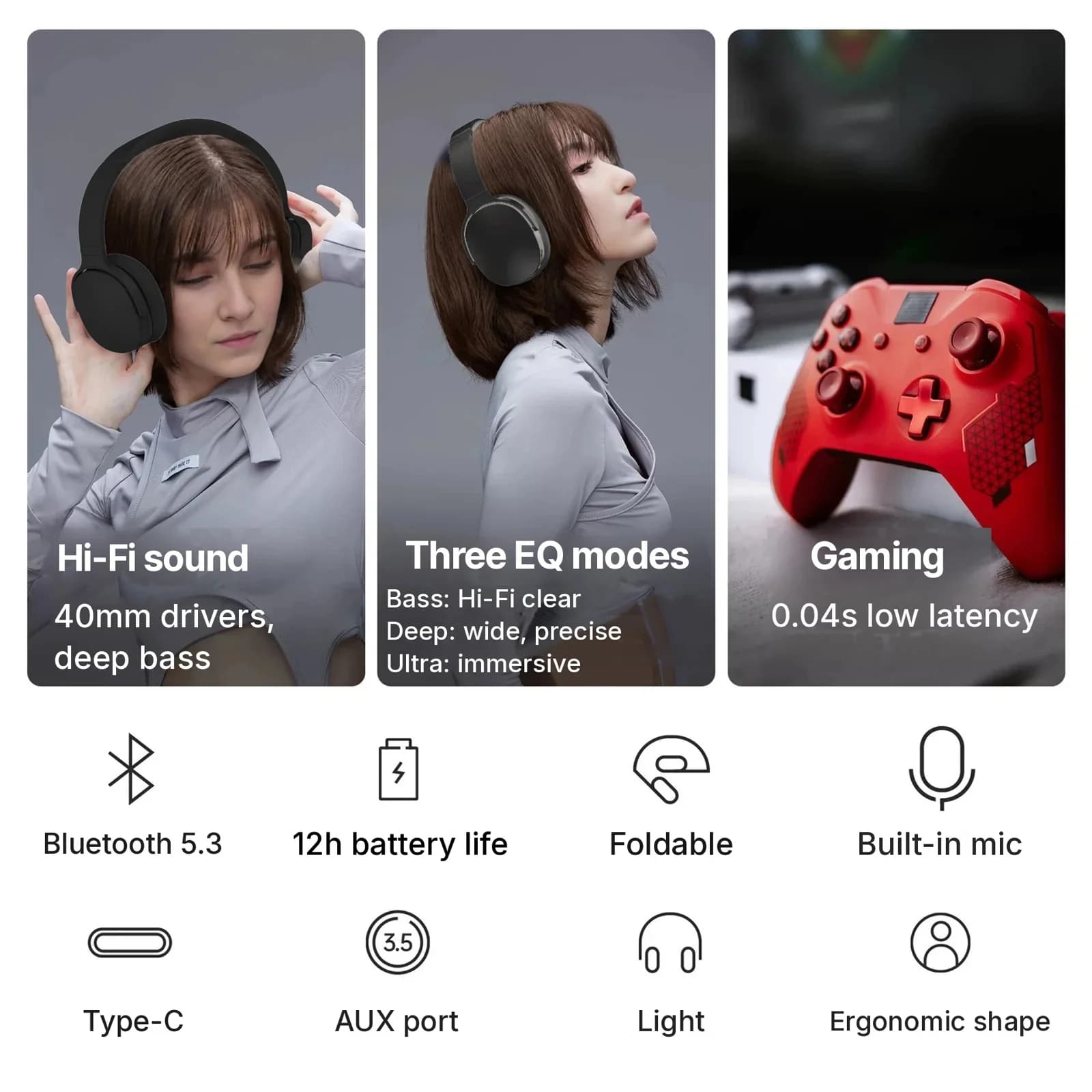 Draadloze over-ear Bluetooth-koptelefoon met drie EQ-modi en microfoon