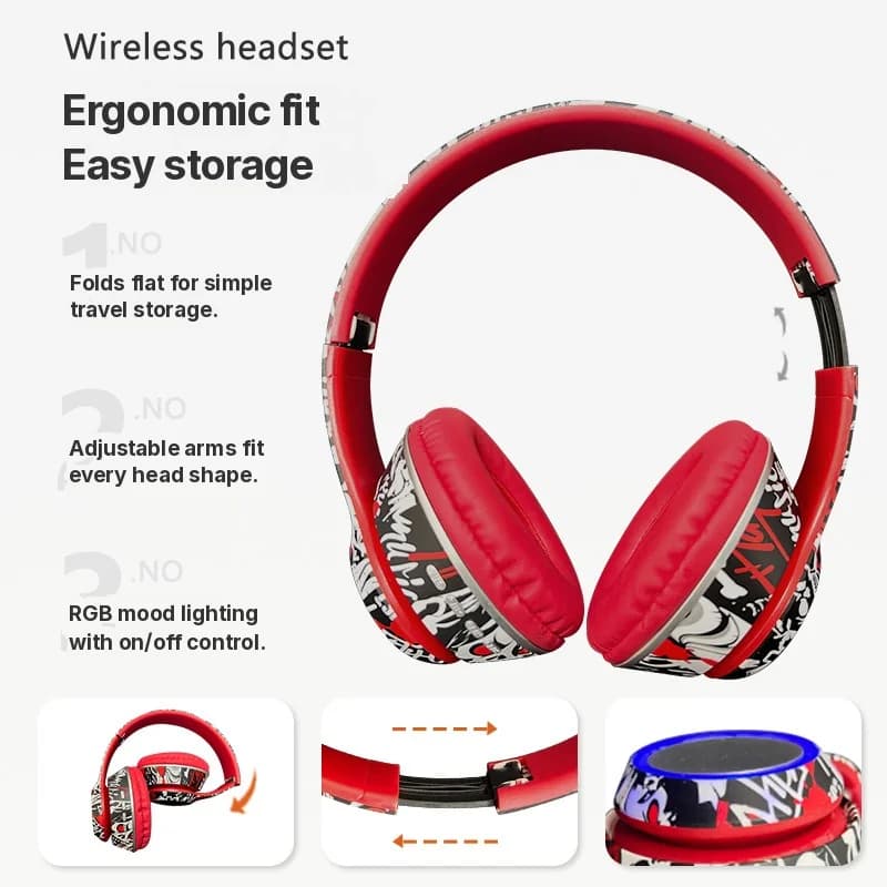 Graffiti over-ear Bluetooth-koptelefoon met LED-verlichting en diepe bas