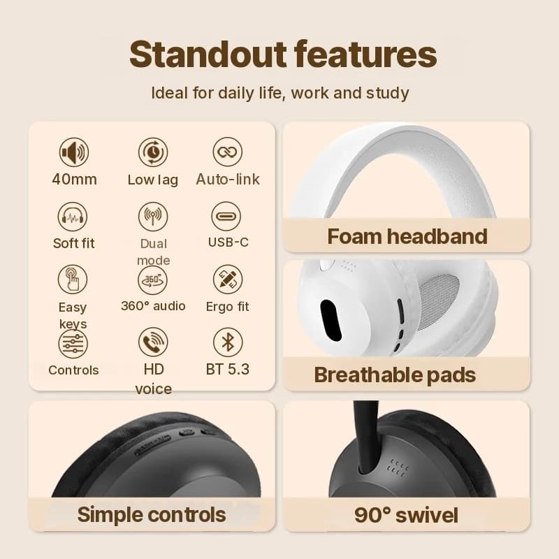 Draadloze Bluetooth over-ear hoofdtelefoon met microfoon en 3,5mm audiokabel