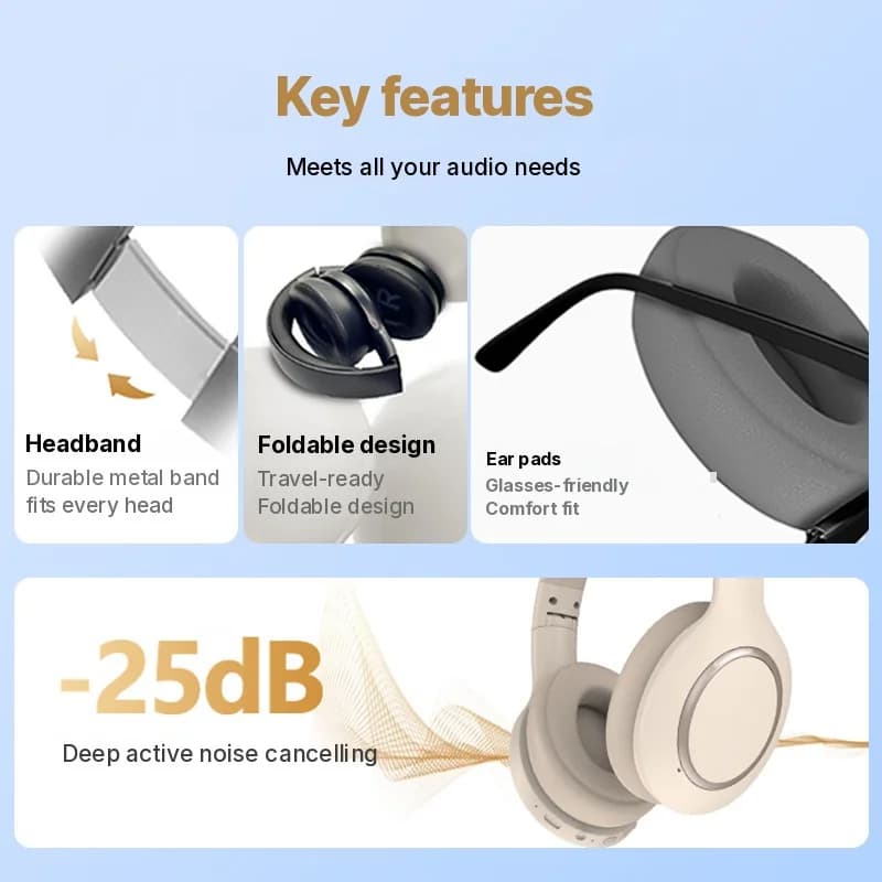 Over-ear Bluetooth-hoofdtelefoon met actieve ruisonderdrukking en lange batterijduur