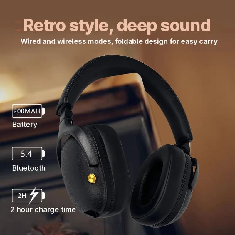 Retro draadloze over-ear hoofdtelefoon met Type-C-oplaadpoort en TF-kaartsleuf