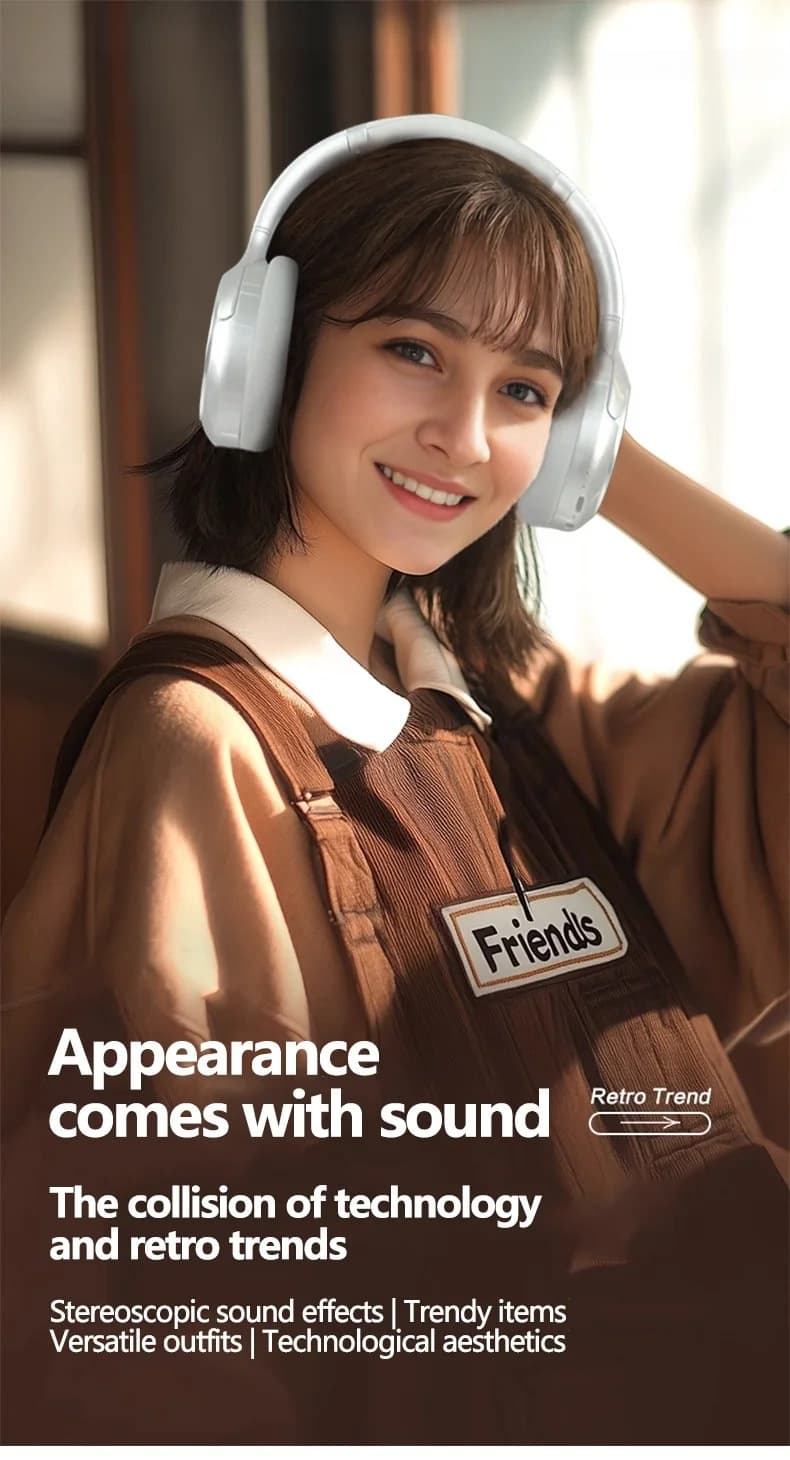 Retro draadloze Bluetooth koptelefoon over-ear stereo met microfoon